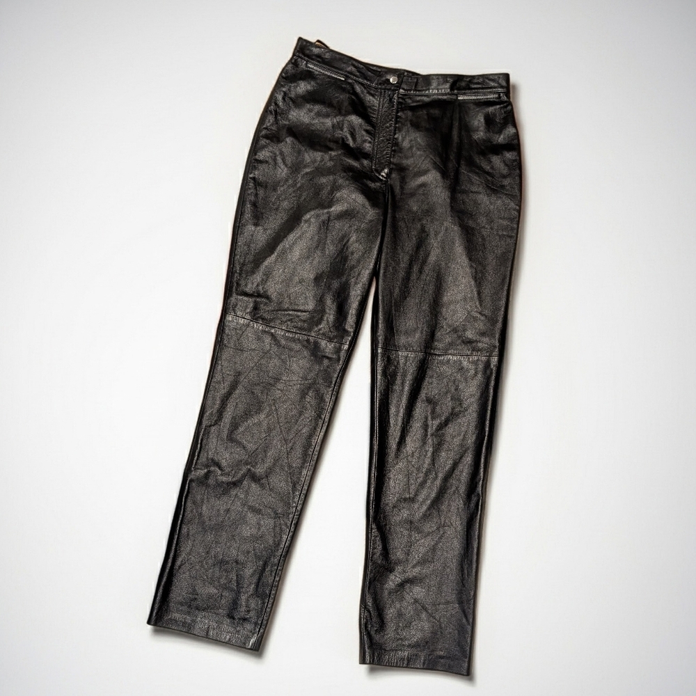 Vintage Lauren Ralph Lauren Black Lambskin Leather Pants High Rise Straight 12 - Picture 1 of 7